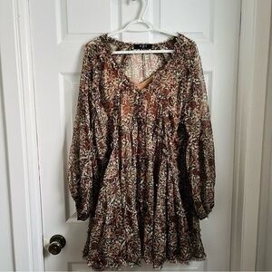OPT Dress boho Small Women floral ruffled long sleeve brown beige Green boheme